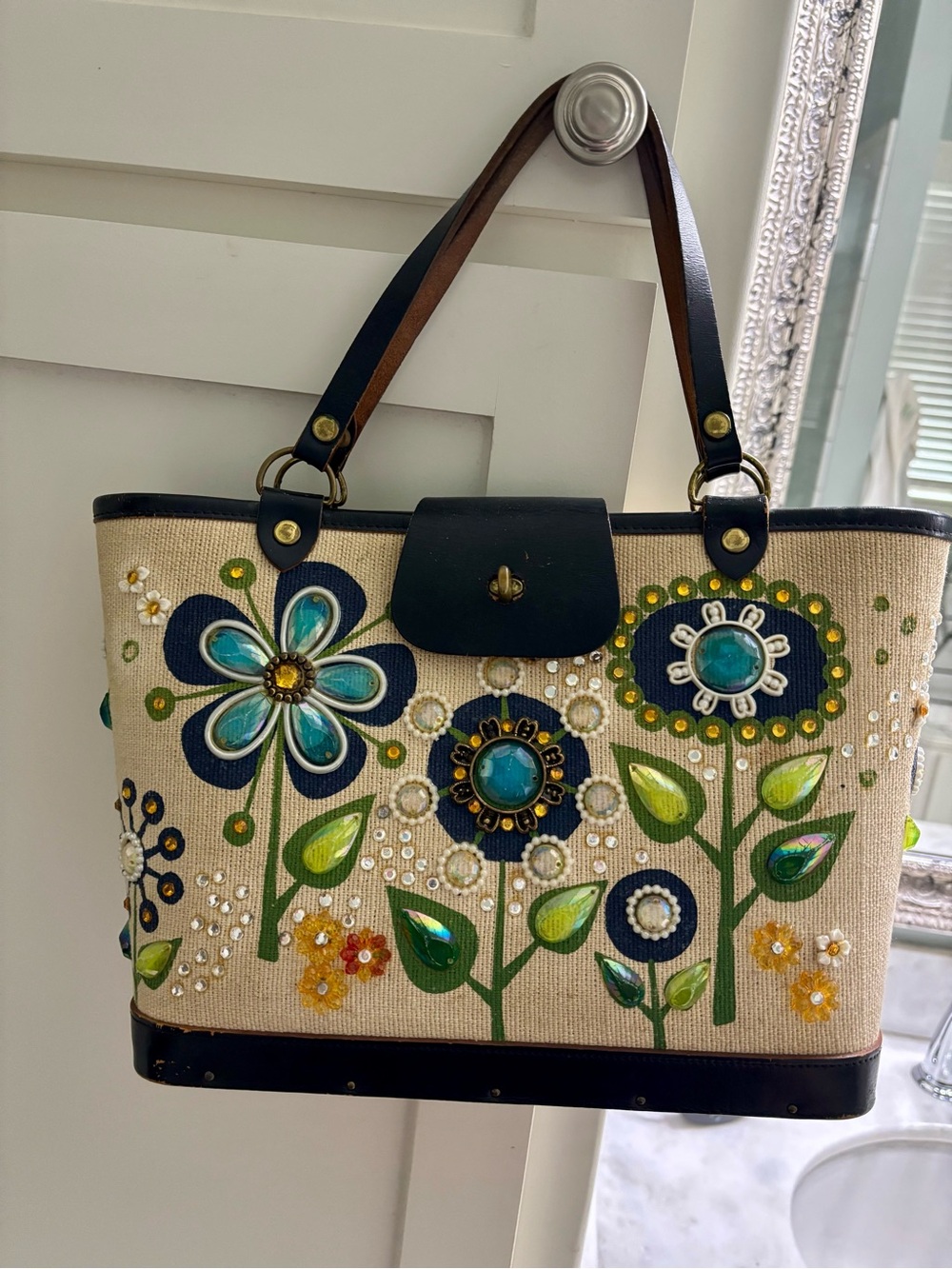 Vintage 60s Enid Collins of Texas Jeweled Bucket bag with Navy Leather Trim